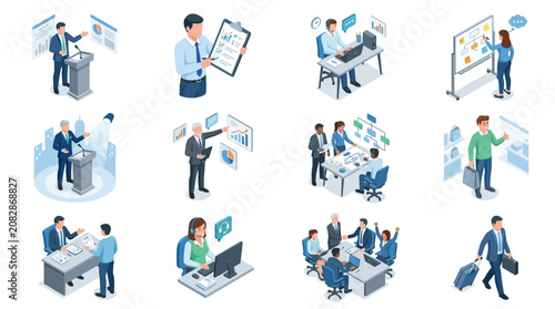 Modern Corporate Business Meeting and Presentation Illustrations with Professionals in Blue Tones Charts and Tech Tools