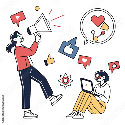 Woman with megaphone and girl using laptop for social media