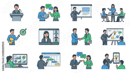 Creative Business Team Collaboration and Brainstorming Concepts with Diverse Visual Elements with high quality professional line art symbols for modern creative design and digital branding projects