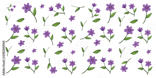 Editable cartoon purple flowers and leaves elements vector set for background