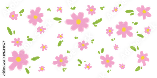Editable cartoon pink flowers and leaves elements vector set for background
