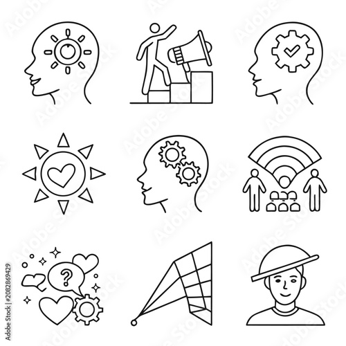 Set of human psychology and business strategy line icons