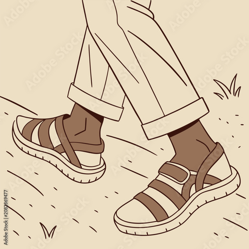 Person wearing brown sandals walking outdoors