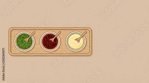 A Minimalist Illustration of Three Assorted Gourmet Condiments Served in Ceramic Bowls on a Wooden Tray Featuring Herb Sauce Chili Oil and Creamy Dip