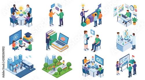 Industrial Set Showing Diverse Workplace Education Healthcare and Innovation Scenes with Bright Colors and Modern Icons