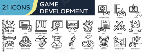 Collection of Game Development icons, related to Football game, Award, Play, Trophy, Video game and more. Outline icons vector illustation.