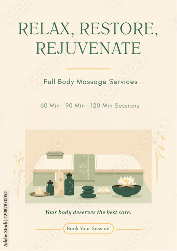 Relax Restore Rejuvenate Elegant Minimalist Full Body Massage Spa Promo Poster