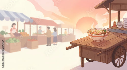 Warm sunset street market illustration featuring a steaming ramen bowl on a wooden cart with vendors and customers in soft pastel colors