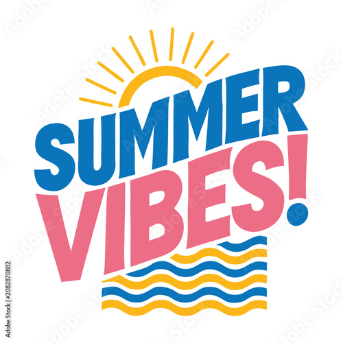 Summer vibes text with a yellow sun and blue and yellow wavy ocean water lines below