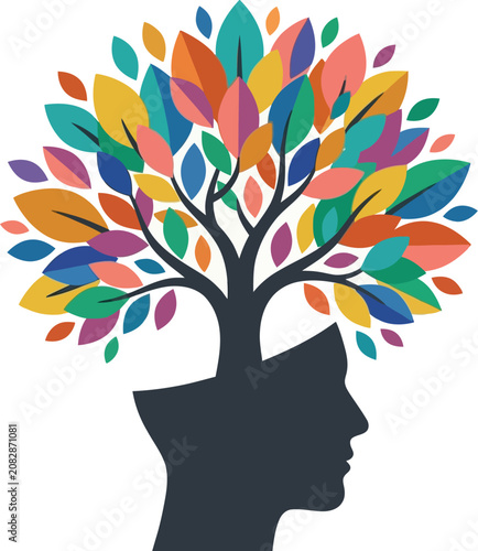 Colorful tree growing from human head silhouette isolated on transparent background, Vector