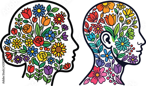 Colorful floral heads illustration with flowers and leaves isolated on transparent background, Vector