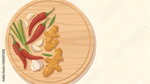 Fresh Culinary Ingredients Arranged on a Wooden Cutting Board for Preparing Spicy Healthy Homemade Cooking Dishes