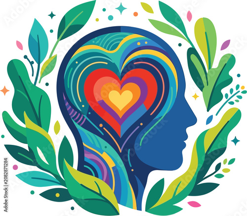 Colorful brain with heart and leaves illustration isolated on transparent background, Vector