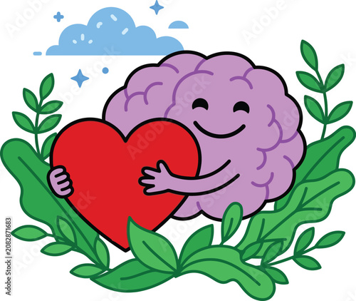 Smiling brain holding a red heart with green leaves isolated on transparent background, Vector