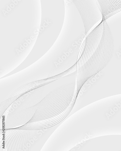 Abstract white and gray background with minimalist flowing curves and elegant black particle waves, modern corporate presentation and web design banner