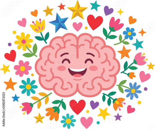 Smiling cartoon brain with colorful flowers and stars isolated on transparent background, Vector