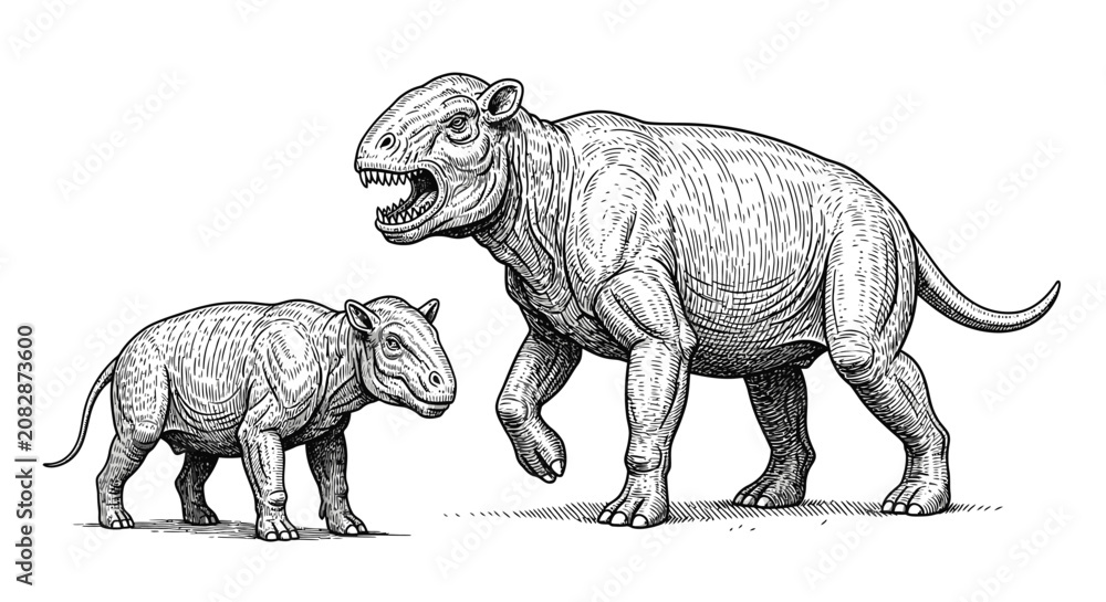 Fototapeta premium Ancient prehistoric animals illustration mother and young walking