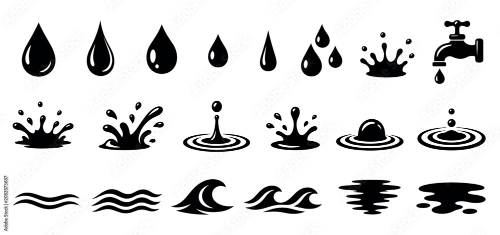 Obraz premium Collection of black water icons depicting various forms of liquid, including drops, splashes, ripples, waves, and a faucet