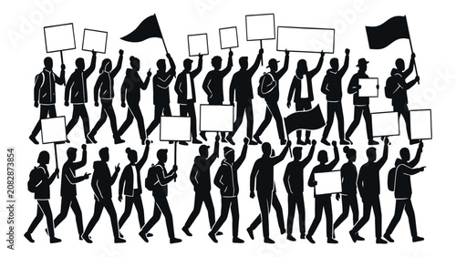 Protesters demonstrate with blank signs and flags in a public march.