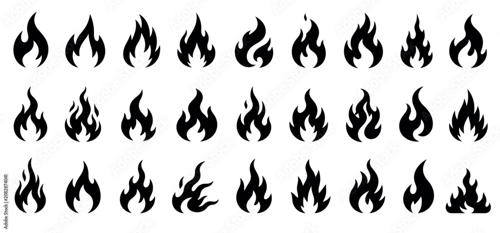 Obraz premium Collection of various black fire flame icons and symbols, showcasing different shapes and intensities in a graphic design style