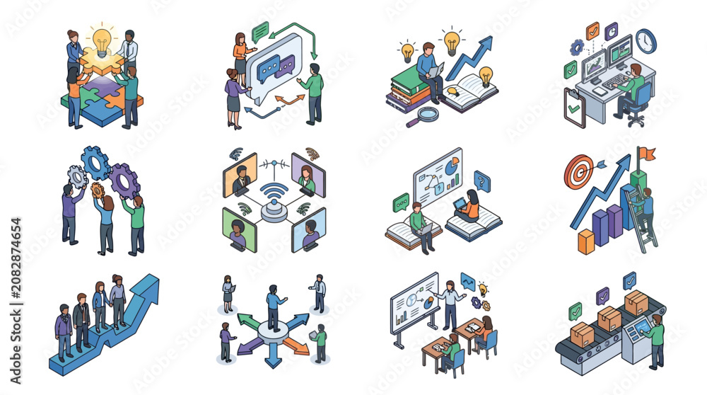 Fototapeta premium Corporate Innovation and Business Growth Concepts Illustrated with Colorful Isometric Icons and Teamwork Scenes