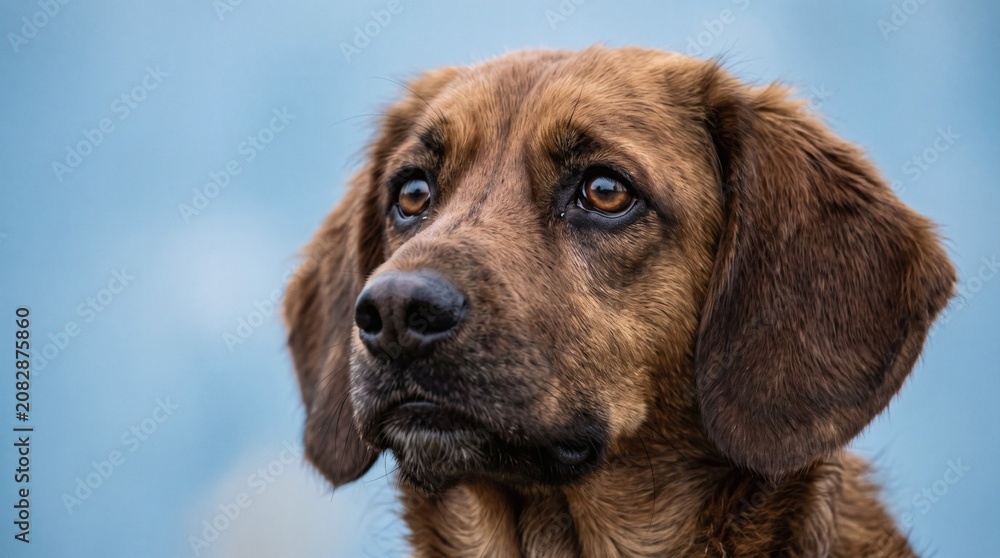 Obraz premium Close-up portrait of a sad-looking brown dog with floppy ears against a blue background.