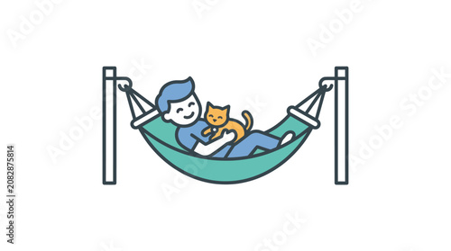 Tableau sur toile Woman Relaxing with Cat in Hammock.