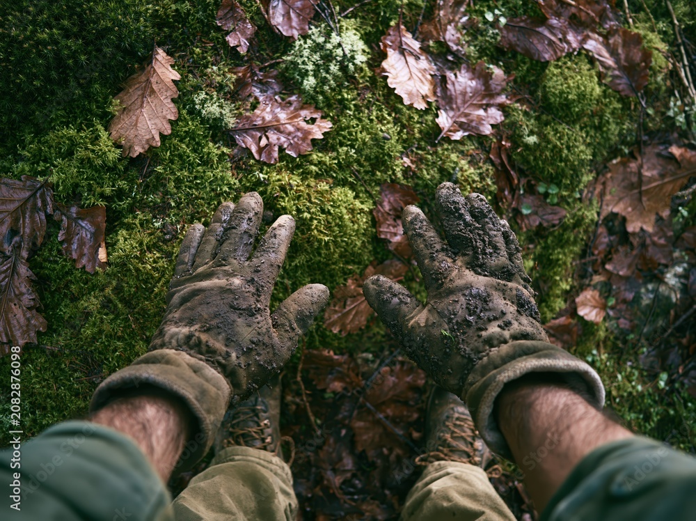 Fototapeta premium Muddy Hands Exploring the Forest Floor Covered in Moss and Leaves