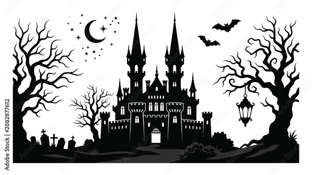 Fototapeta premium Eerie castle silhouette featuring a cemetery with gravestones and a hanging lantern isolated on a plain white background.