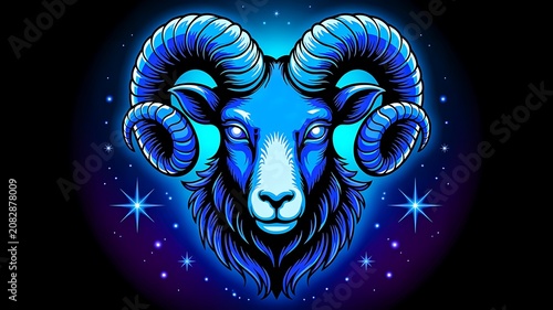 Glowing zodiac aries ram illustration with neon cosmic astrology background