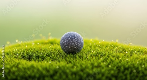 A small, smooth river stone rests perfectly centered on a bed of green moss, symbolizing balance, focus, and the calm core of nature, still life, moss, garden