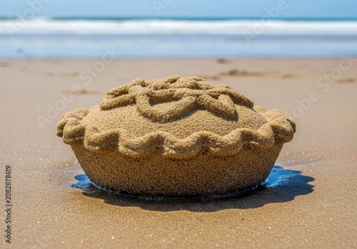 Close up of a beach pie made entirely of wet sand shaped like a crust and filling, sitting on a dry sandy surface near the ocean, coastal, summer, play