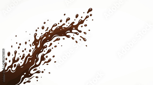 Dynamic dark brown liquid splash with delectable droplets elegantly cascading and swirling against a pristine white background, capturing movement and rich flavor