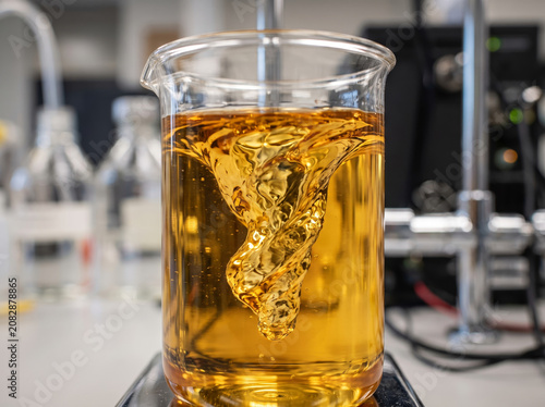 Pouring clear golden engine oil liquid into laboratory glass container beaker