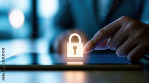 Hand touches glowing digital lock icon for security access