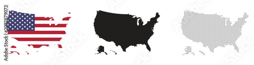USA Map Collection with American Flag and Black Gray Silhouettes