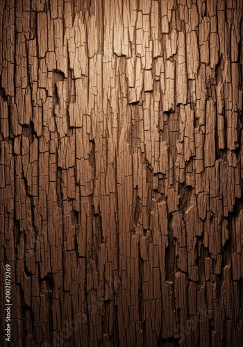 Heavily distressed, dark brown wooden surface background. Rustic, cracked timber texture revealing deep grain and aged deterioration, crack, brown, historic