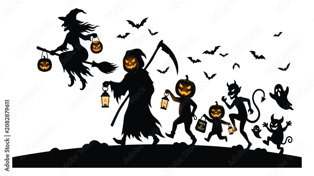 Fototapeta premium Halloween silhouette features a witch and grim reaper with carved pumpkin lanterns isolated on a plain white background.