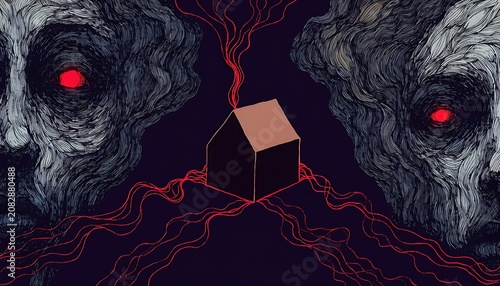 Abstract cube with red glowing lines in dark digital space illustration