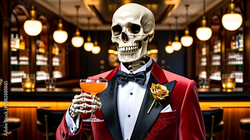 Elegant skeleton holding cocktail in luxury bar with halloween theme