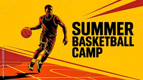 Summer basketball camp promotional banner with dynamic player illustration