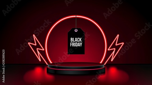Black friday neon podium display with glowing lights on dark background