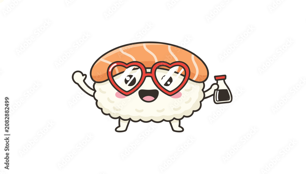 Fototapeta premium Cute sushi character wearing heart shaped glasses and holding soy