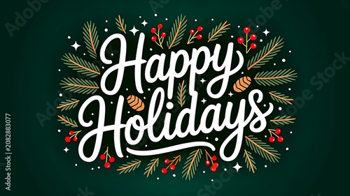 Happy holidays greeting typography with festive decorations on green background