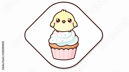 Cute cartoon chick on cupcake, sweet dessert illustration