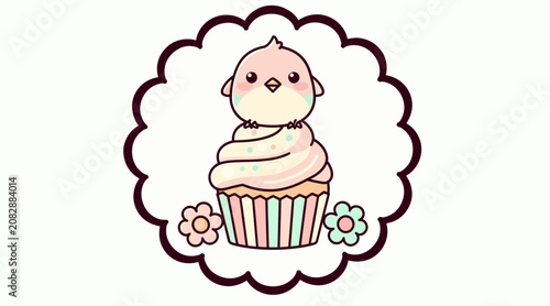 Cute cartoon chick on pink cupcake with flowers