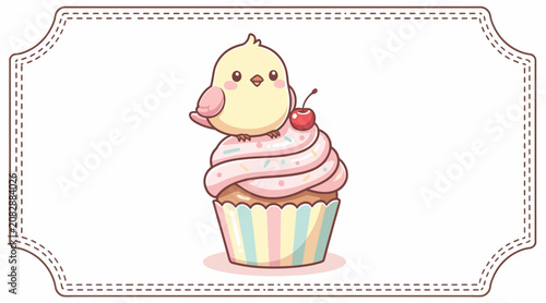 Cute cartoon chick on pink cupcake with cherry