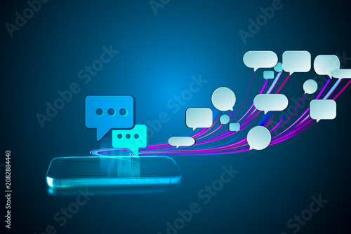 Smartphone with digital chat bubbles and light trails on blue background