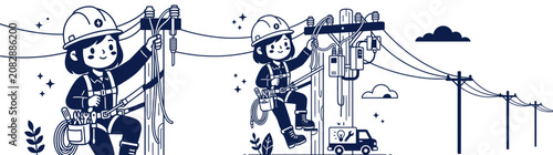 Cartoon Electricians Working on Power Lines, Utility Worker Maintenance, Electrical Energy Infrastructure