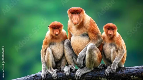 Fototapeta samoprzylepna Three Proboscis Monkeys Sitting on a Branch in Lush Green Forest